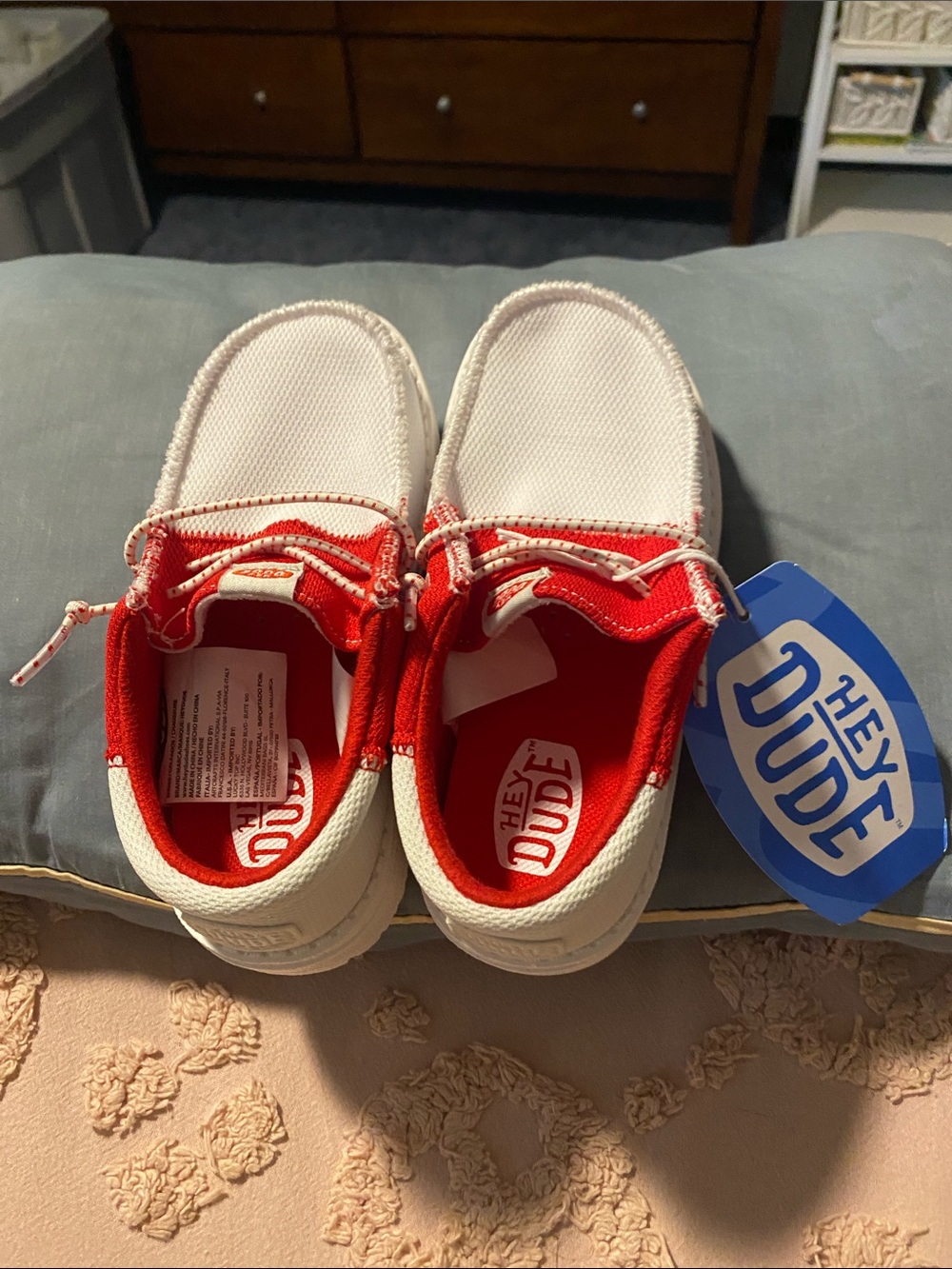 Hey Dude Kids White and Red Canvas Slip-On Sneakers